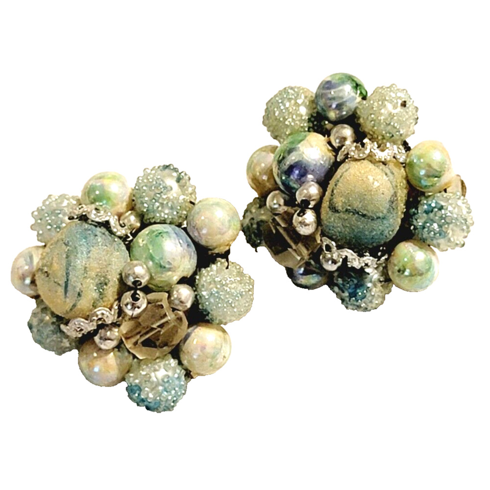 Vintage Blue Clip‎ On Earrings Japan Clusters Mid-century Jewelry bcl-7